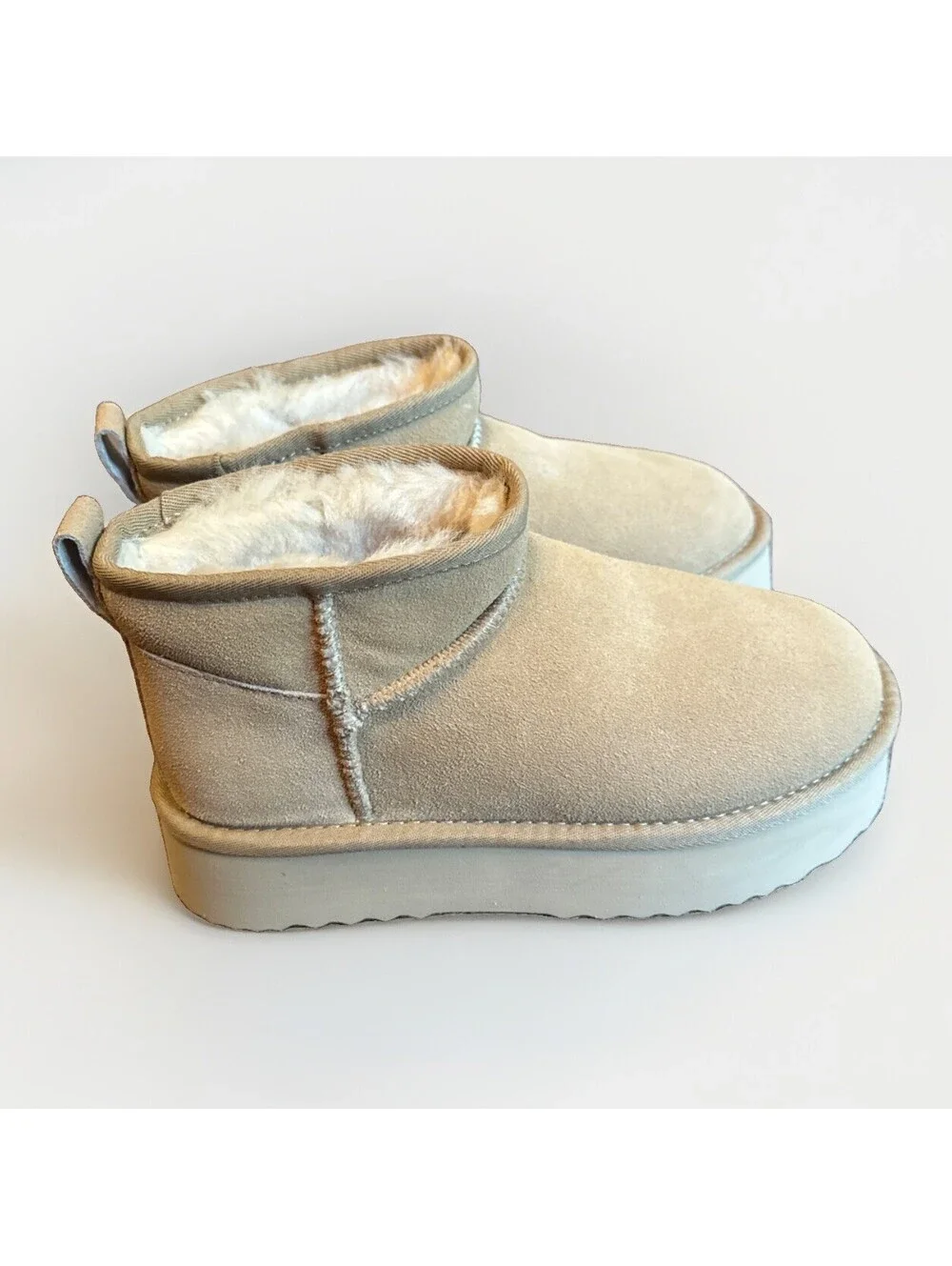 New Beige Chunky Platform Ankle Boots Booties Faux Fur Lined Ladies Size 5